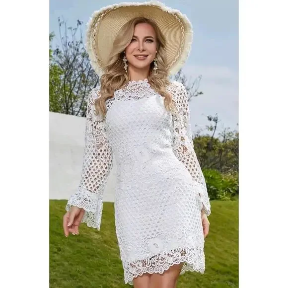 EILLY BAZAR White Guipure Lace Size M Women's Dress Flounce Sleeve NEW #C - Picture 1 of 10